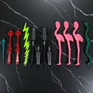 Vintage Lot 12 Tiki Bar Swizzle Sticks Skylon Tower Images Pink Flamingos Snake